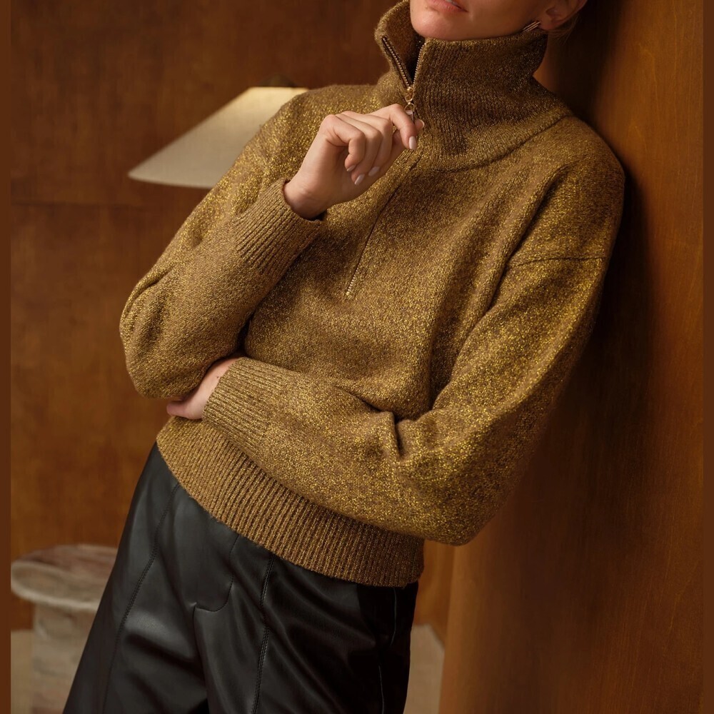 Green / Bronze Metallic Knit Half Zip Turtleneck Sweater with Ribbed Cuffs